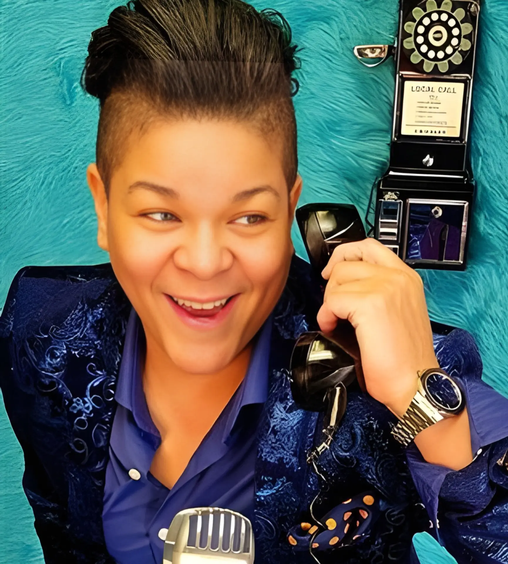 Brooklyn Dicent, the Comedy Party Starter, laughing on a retro telephone — comedian for hire